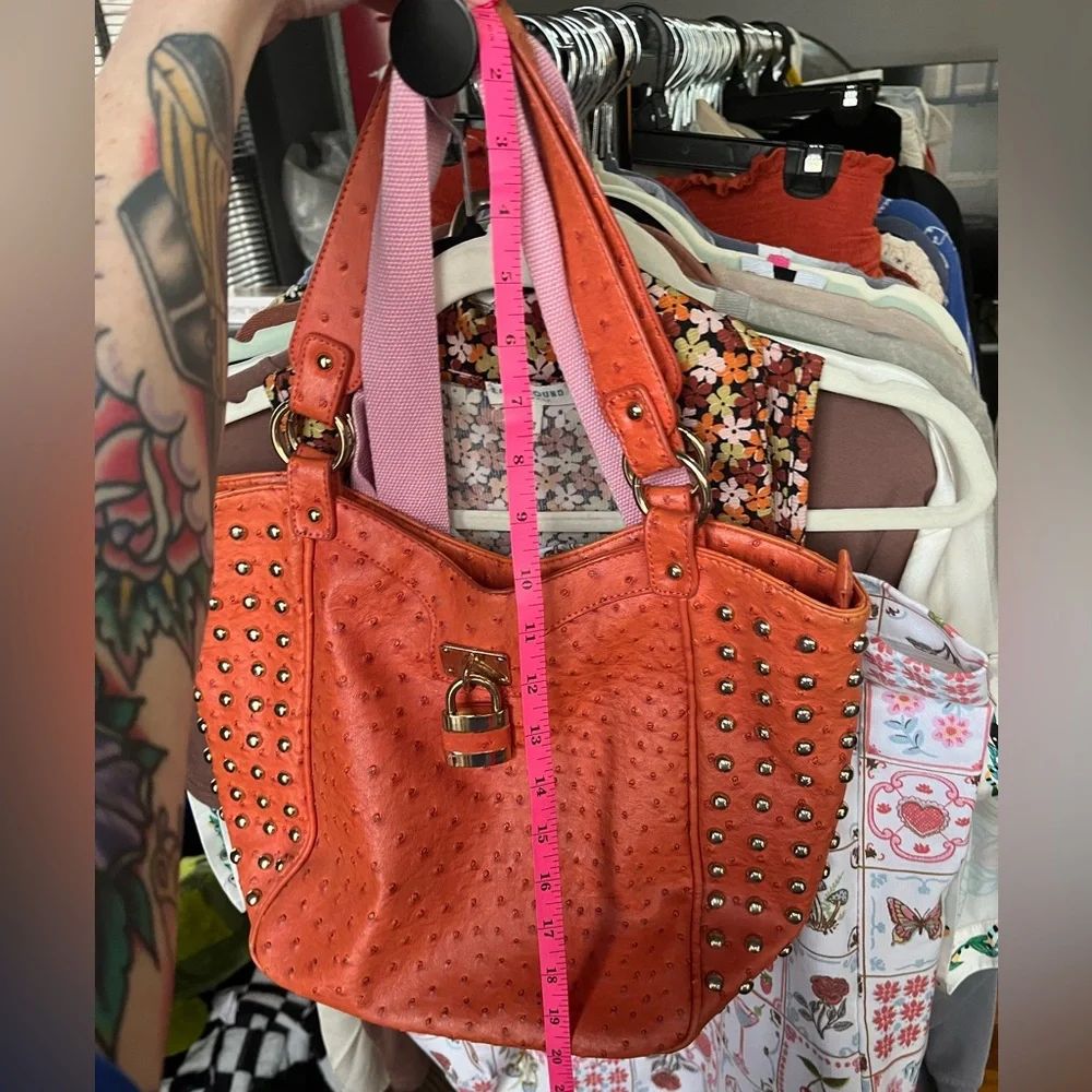 Expressions NYC Orange Faux Ostrich Studded Shoulder Bag Slightly Flawed - Picture 9 of 16